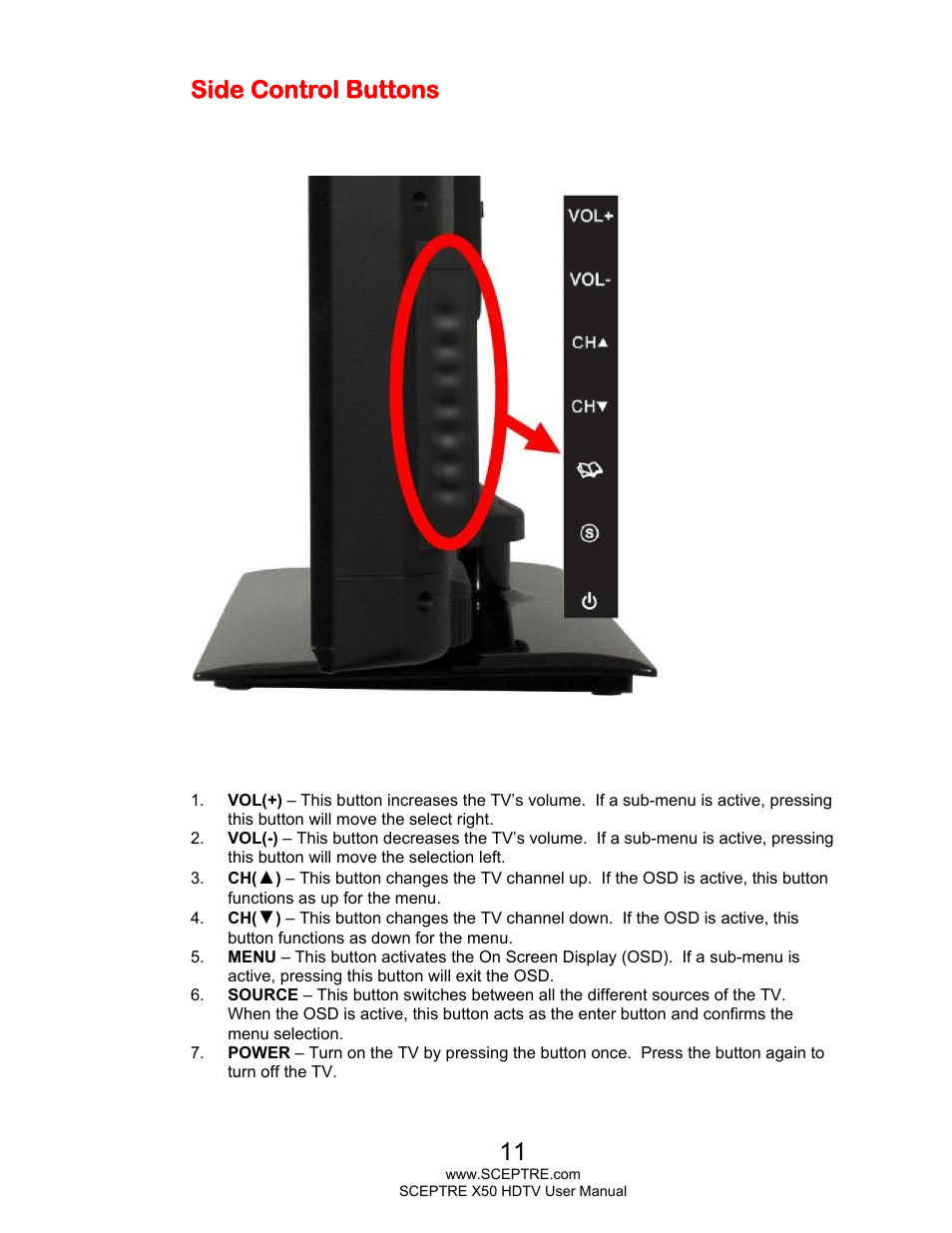 Side control buttons | Sceptre X505BV-FHDU User Manual | Page 11 / 54