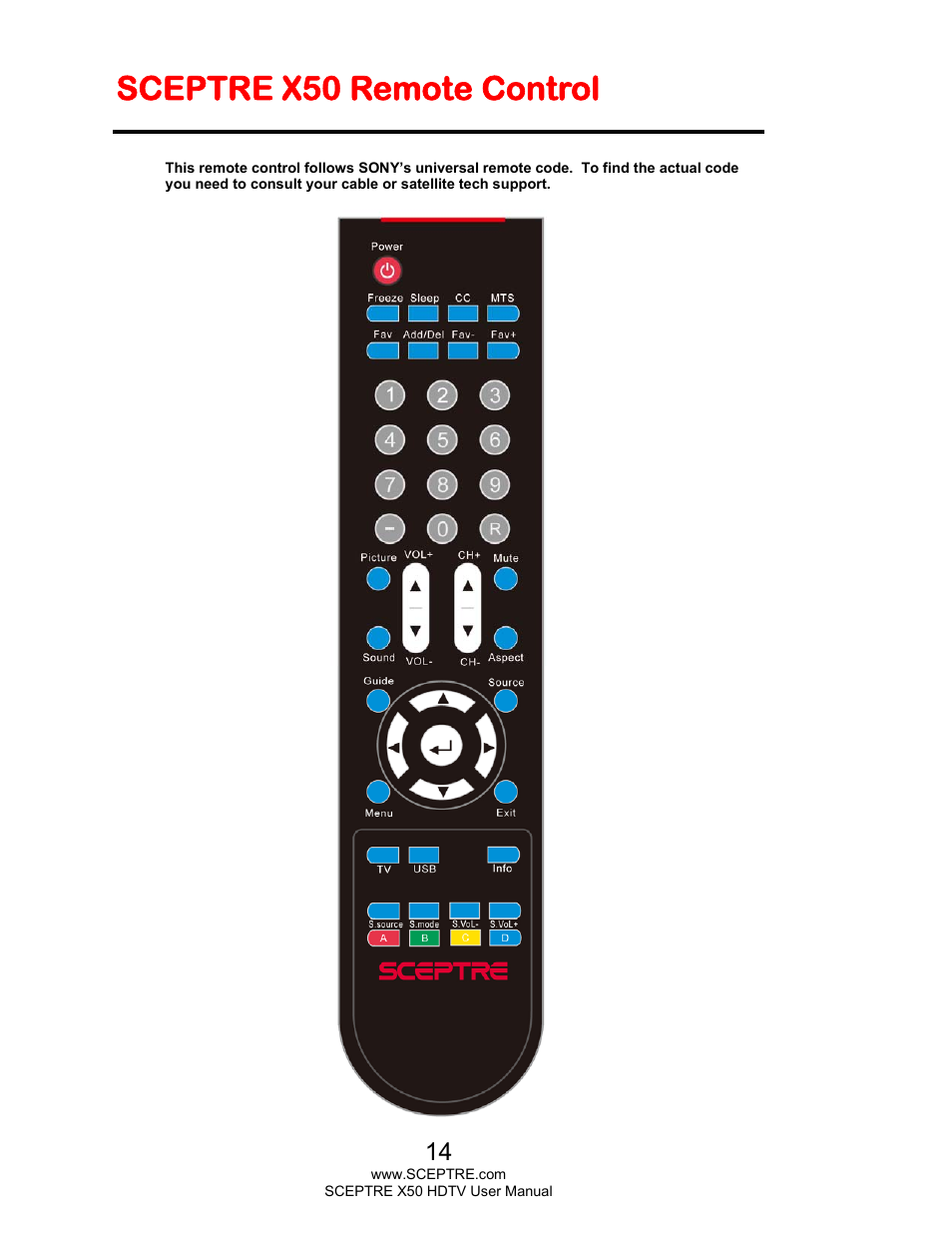 Sceptre x50 remote control | Sceptre X505BV-FHDU User Manual | Page 14 / 54
