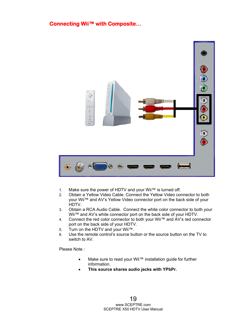 Connecting wii™ with composite | Sceptre X505BV-FHDU User Manual | Page 19 / 54