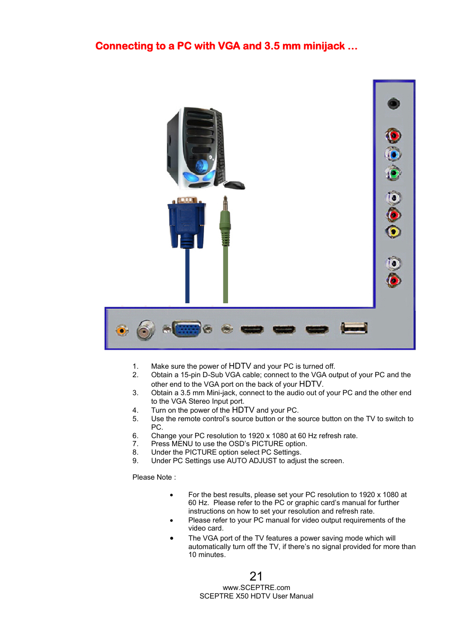 Connecting to a pc with vga and 3.5 mm minijack | Sceptre X505BV-FHDU User Manual | Page 21 / 54