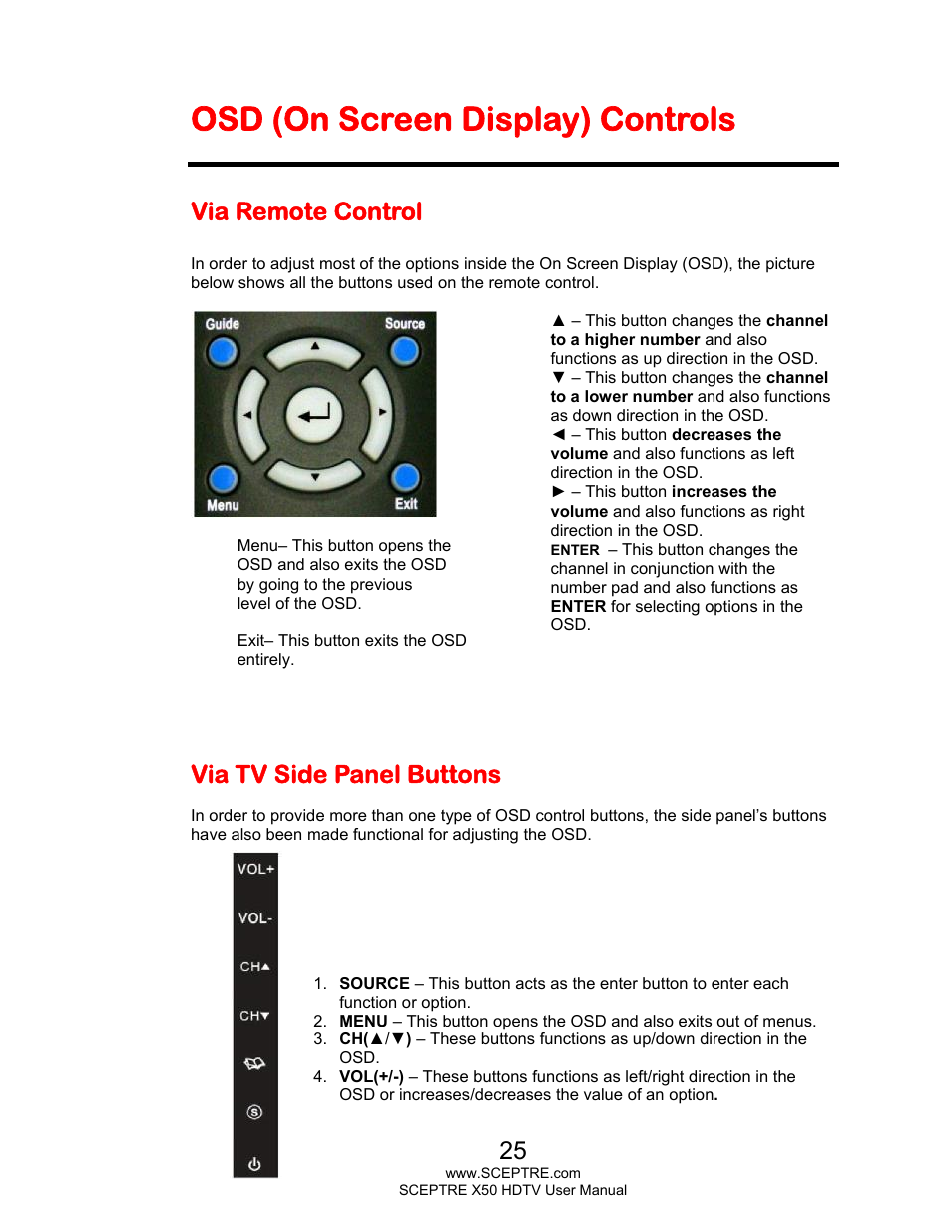 Osd (on screen display) controls, Via remote control, Via tv side panel buttons | Sceptre X505BV-FHDU User Manual | Page 25 / 54