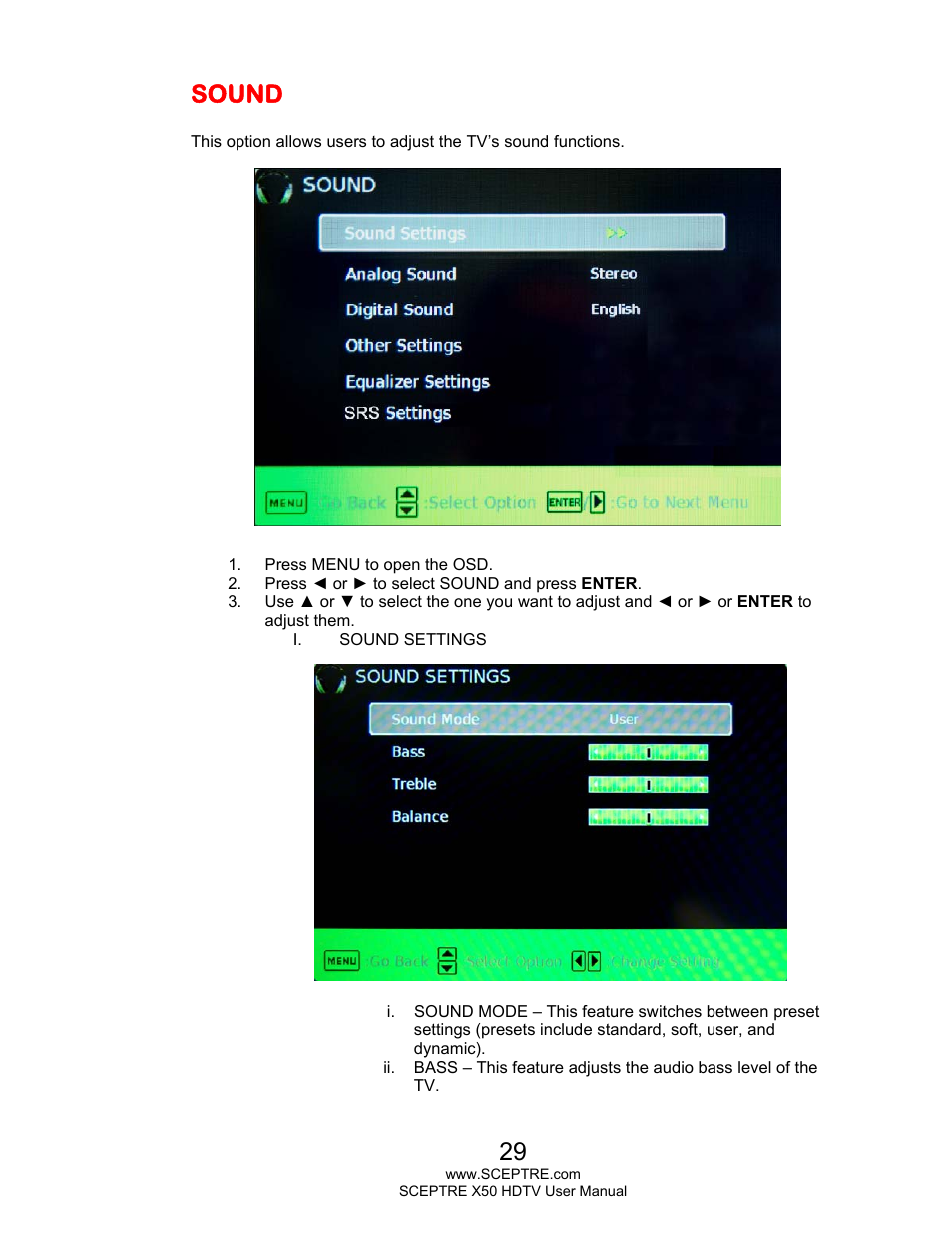 Sound | Sceptre X505BV-FHDU User Manual | Page 29 / 54