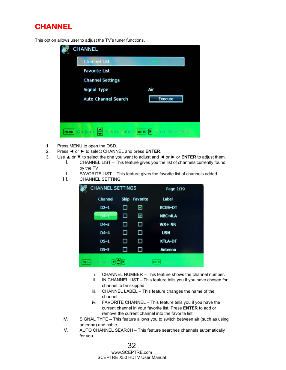 Channel | Sceptre X505BV-FHDU User Manual | Page 32 / 54
