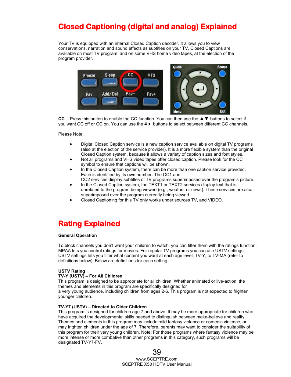 Closed captioning (digital and analog) explained, Rating explained | Sceptre X505BV-FHDU User Manual | Page 39 / 54