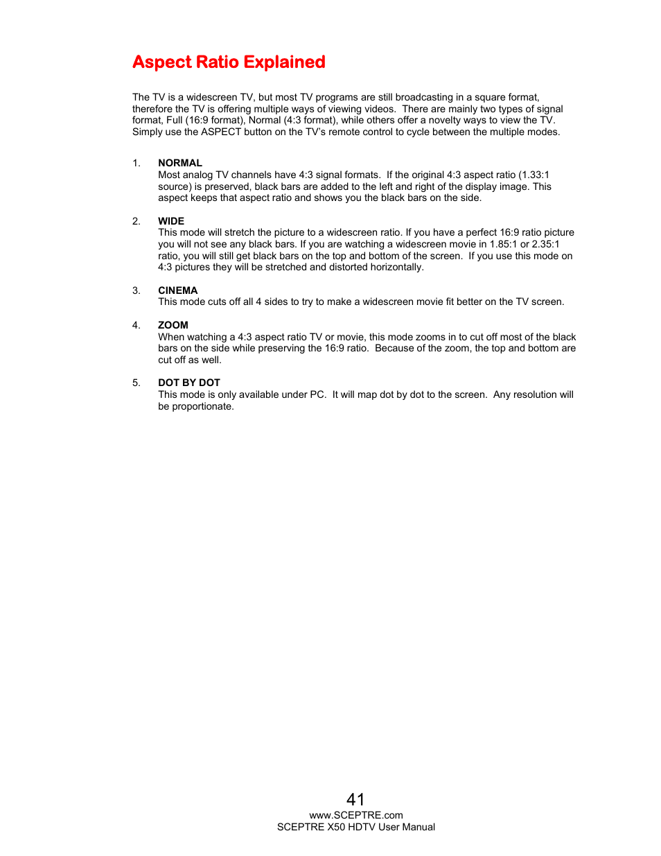 Aspect ratio explained | Sceptre X505BV-FHDU User Manual | Page 41 / 54