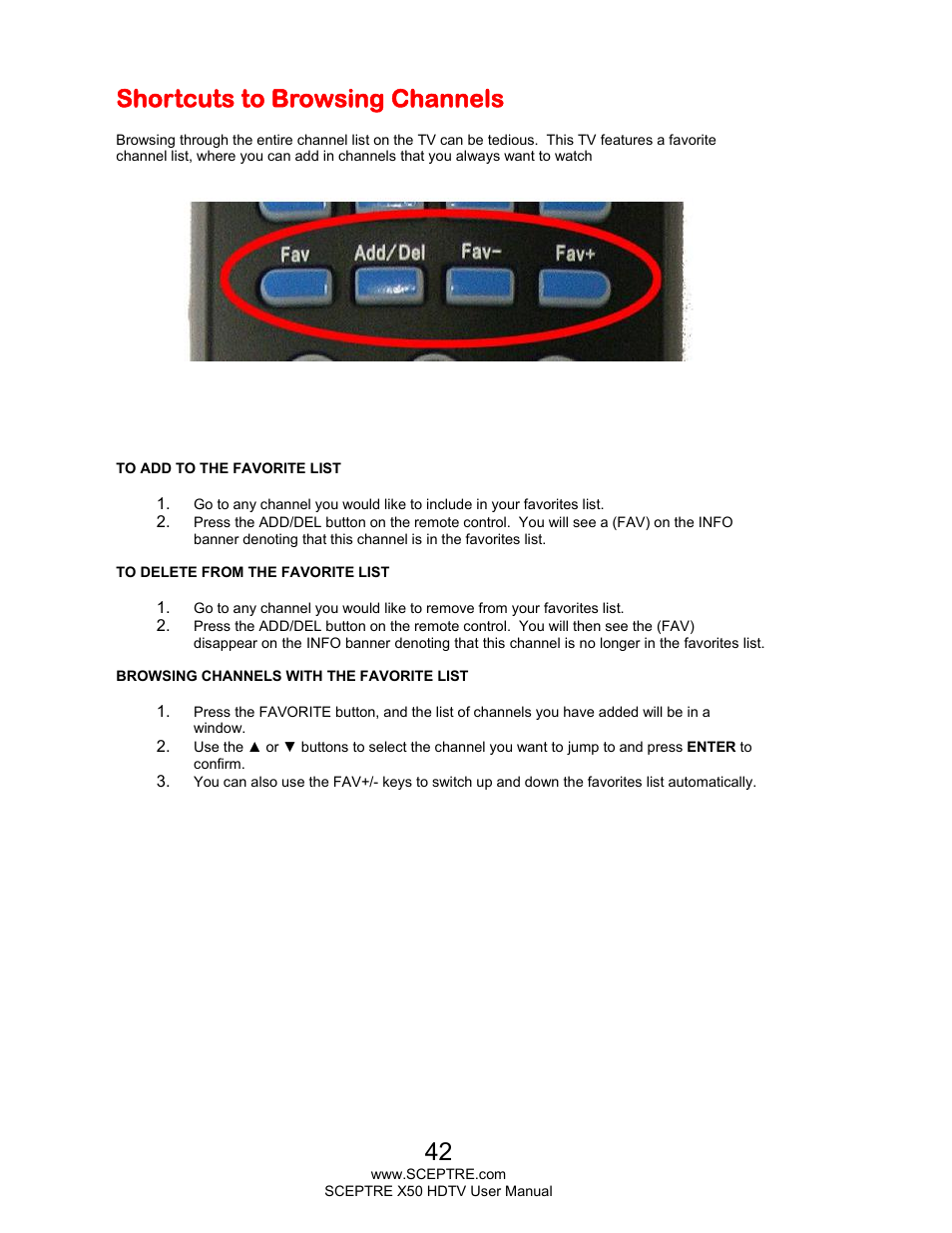 Shortcuts to browsing channels | Sceptre X505BV-FHDU User Manual | Page 42 / 54