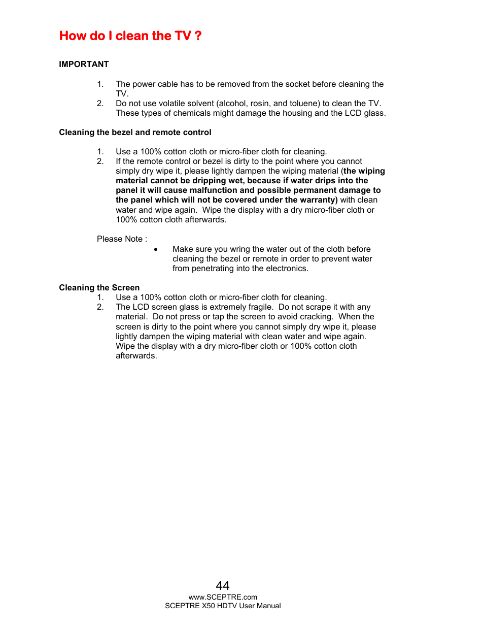 How do i clean the tv | Sceptre X505BV-FHDU User Manual | Page 44 / 54