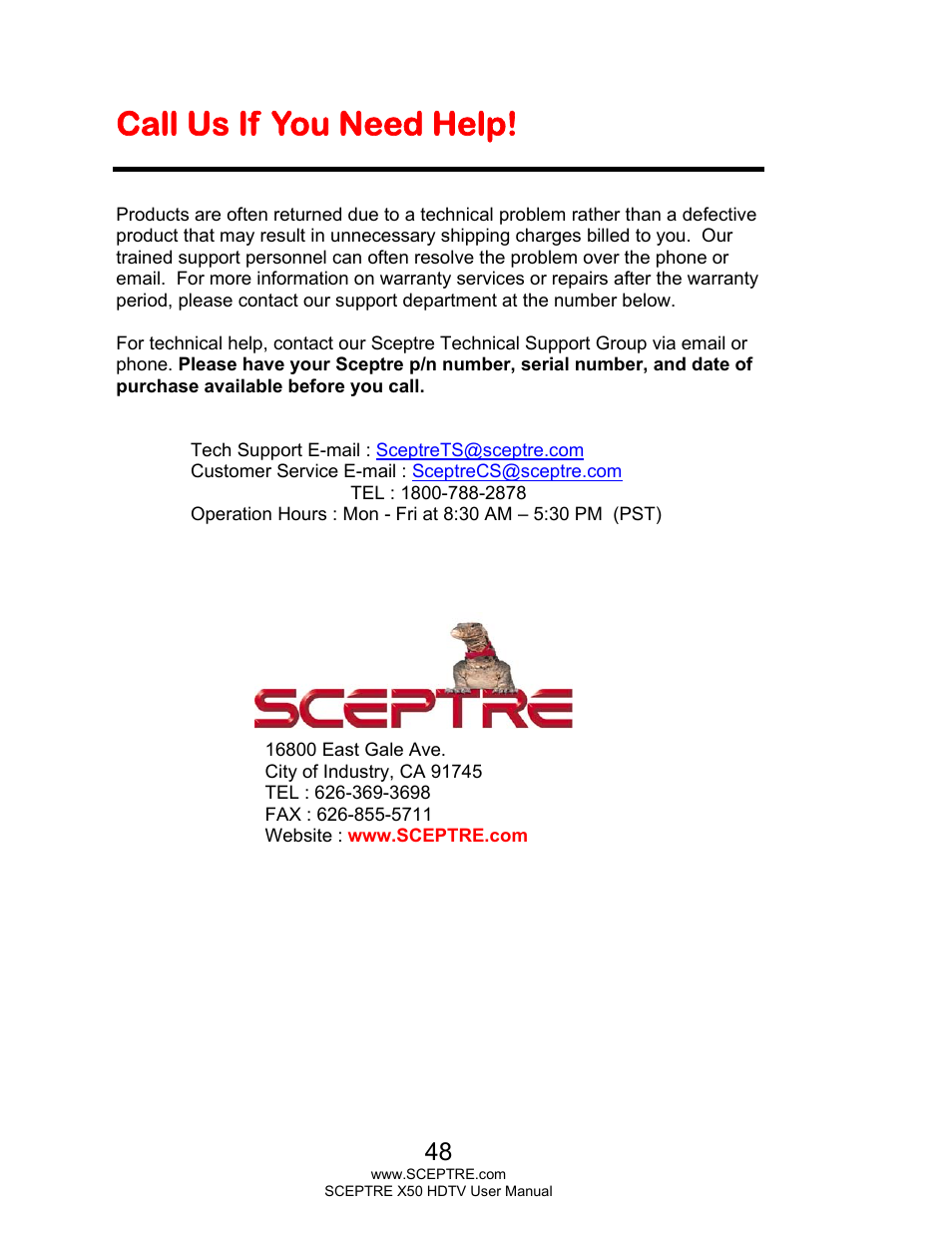 Call us if you need help | Sceptre X505BV-FHDU User Manual | Page 48 / 54