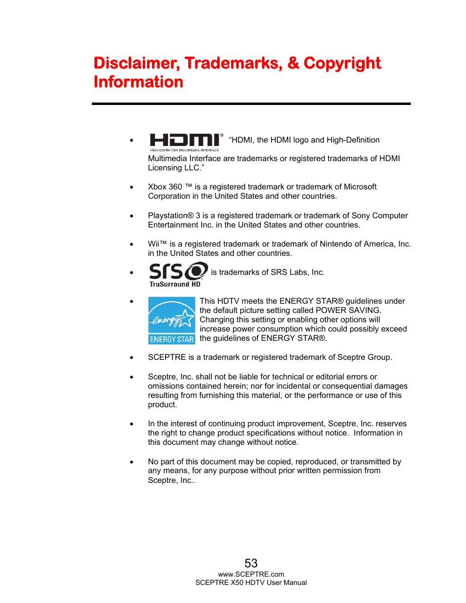 Disclaimer, trademarks, & copyright information | Sceptre X505BV-FHDU User Manual | Page 53 / 54