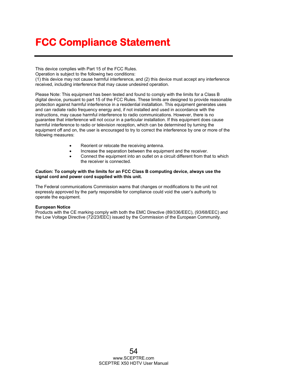 Fcc compliance statement | Sceptre X505BV-FHDU User Manual | Page 54 / 54