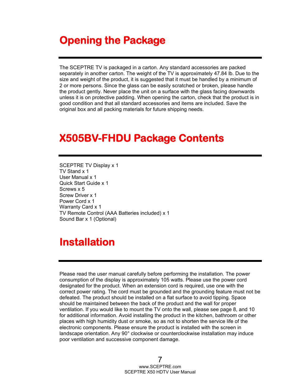 Opening the package, X505bv-fhdu package contents, Installation | Sceptre X505BV-FHDU User Manual | Page 7 / 54