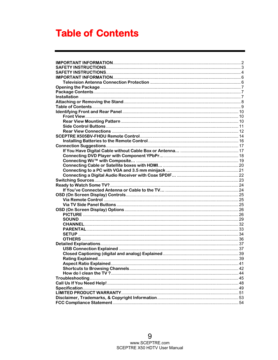 Sceptre X505BV-FHDU User Manual | Page 9 / 54