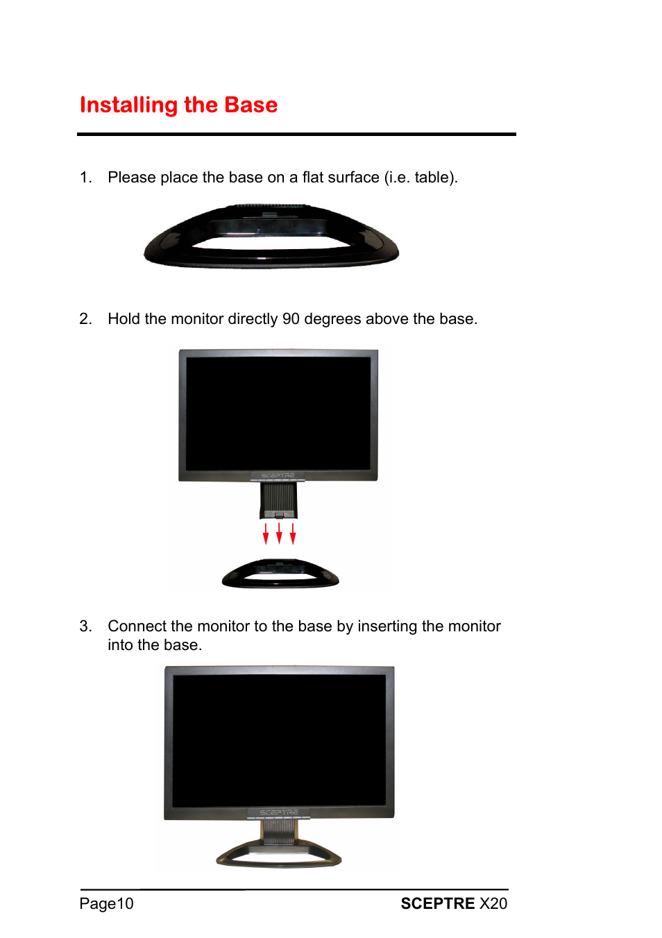 Installing the base | Sceptre X20WG-1080P User Manual | Page 10 / 38