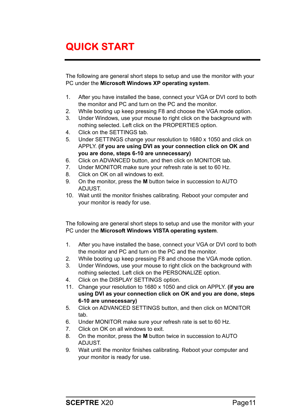 Quick start, Sceptre x20 page11 | Sceptre X20WG-1080P User Manual | Page 11 / 38