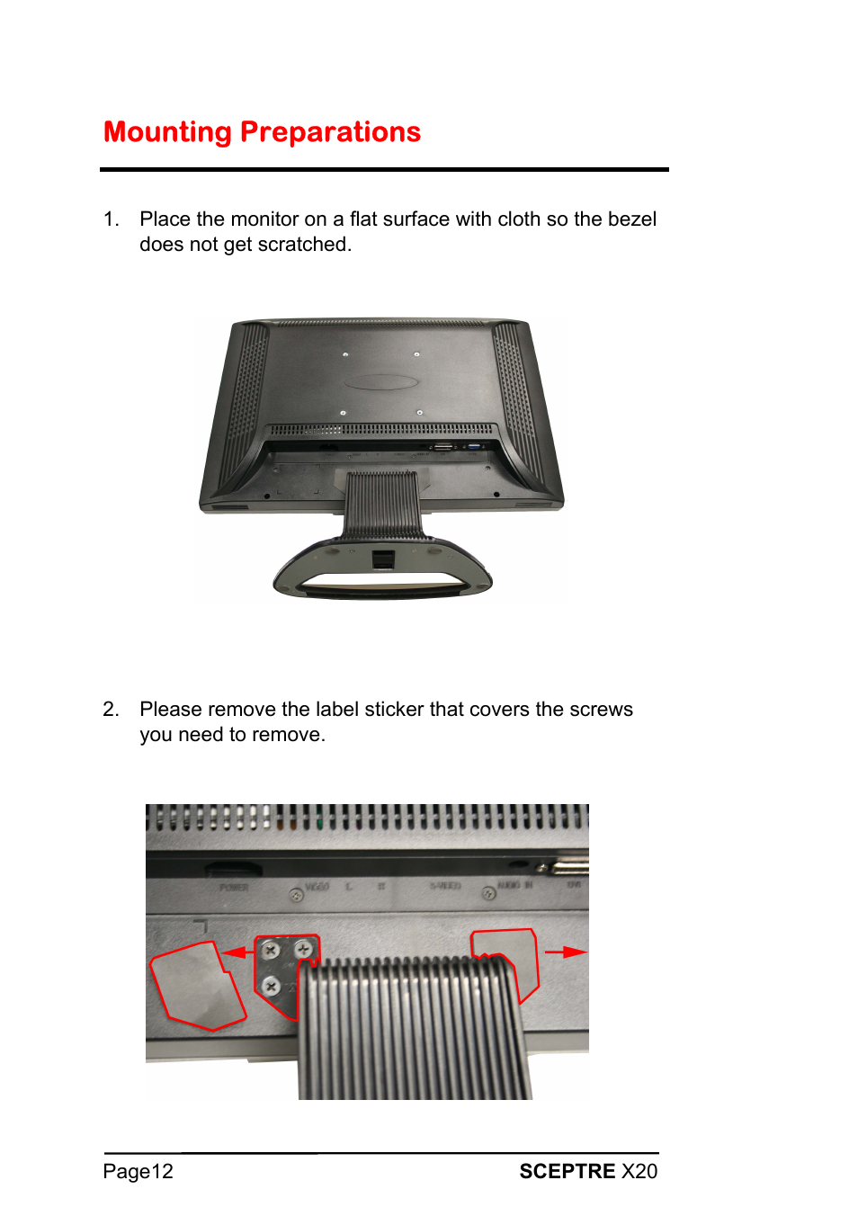 Mounting preparations | Sceptre X20WG-1080P User Manual | Page 12 / 38