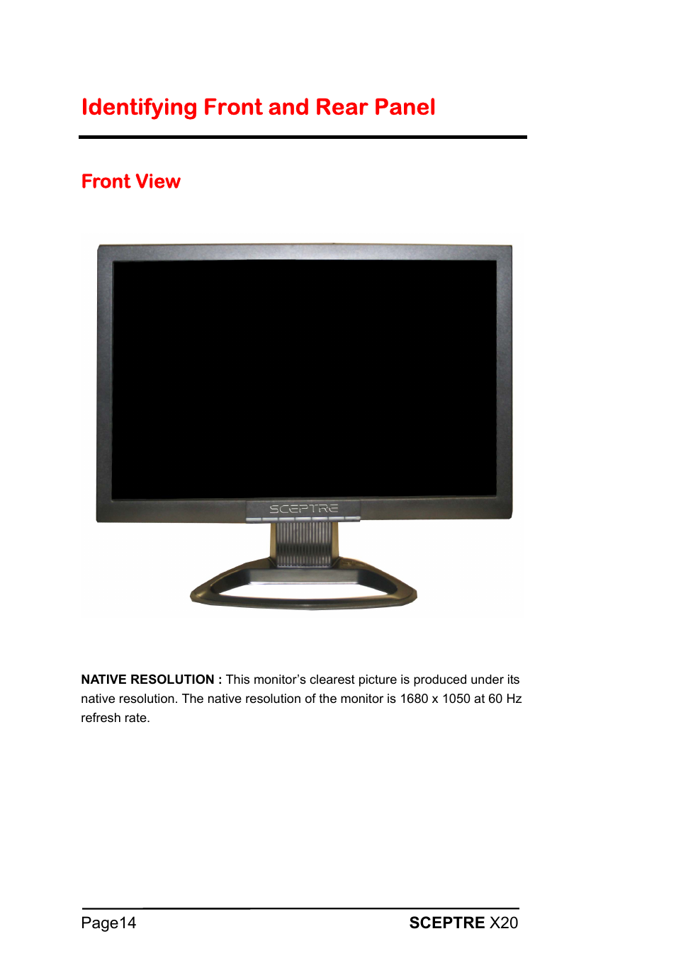 Identifying front and rear panel, Front view | Sceptre X20WG-1080P User Manual | Page 14 / 38