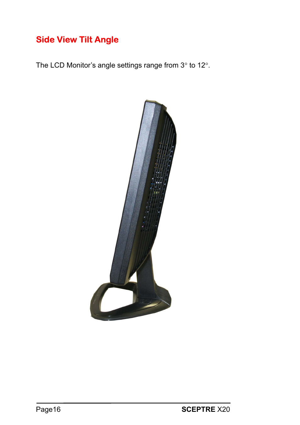 Side view tilt angle | Sceptre X20WG-1080P User Manual | Page 16 / 38