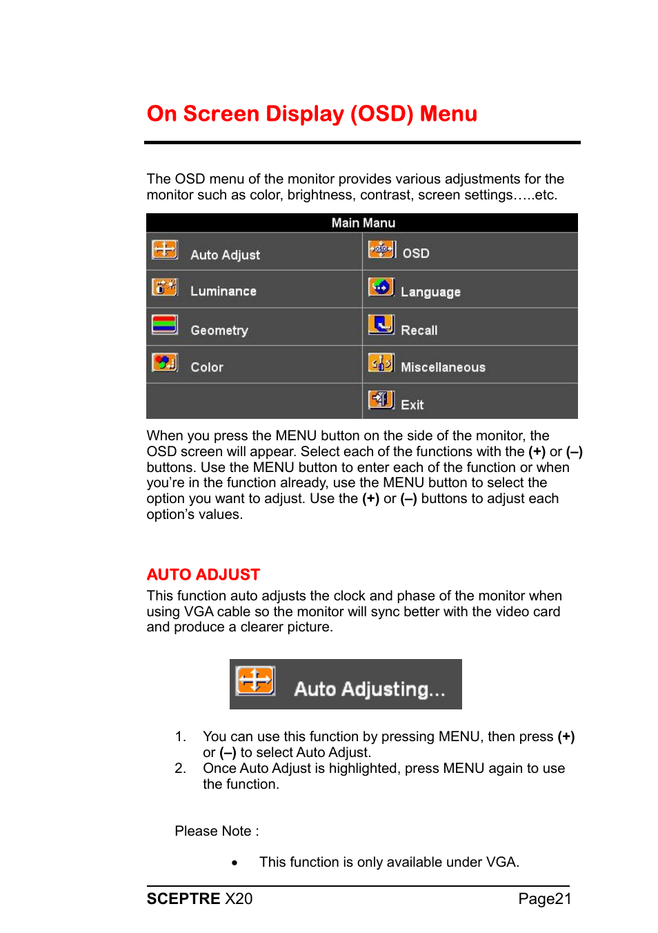 On screen display (osd) menu | Sceptre X20WG-1080P User Manual | Page 21 / 38