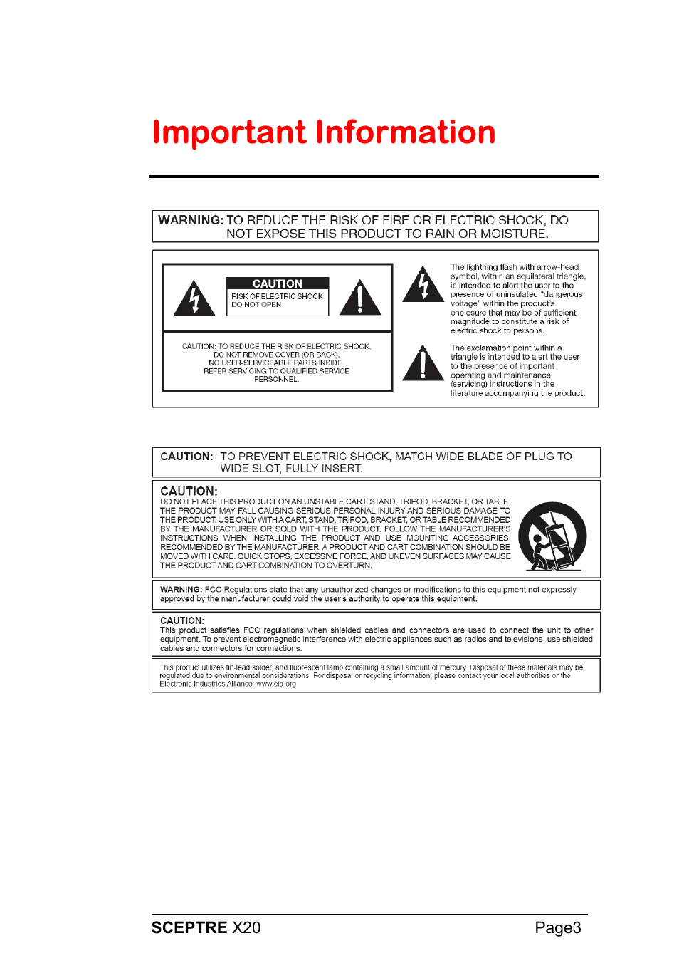 Important information | Sceptre X20WG-1080P User Manual | Page 3 / 38