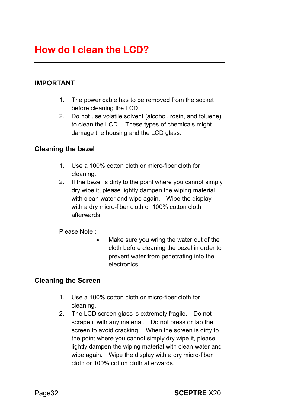 How do i clean the lcd | Sceptre X20WG-1080P User Manual | Page 32 / 38