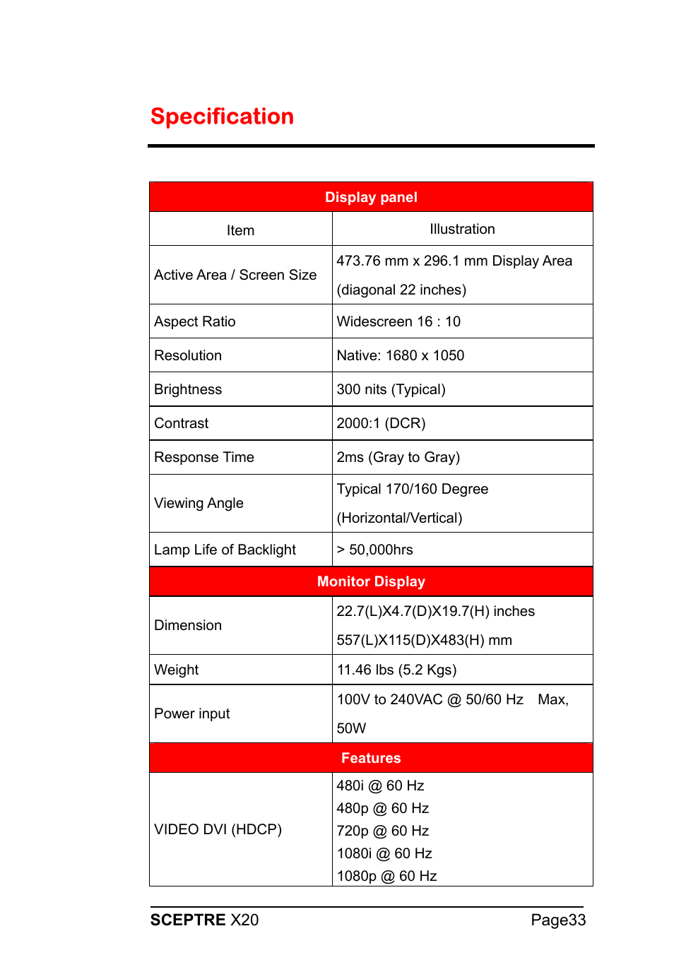 Specification | Sceptre X20WG-1080P User Manual | Page 33 / 38