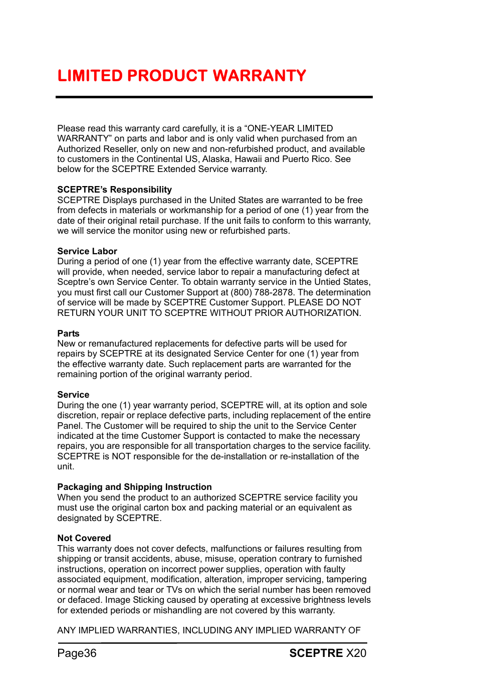 Limited product, Warranty | Sceptre X20WG-1080P User Manual | Page 36 / 38