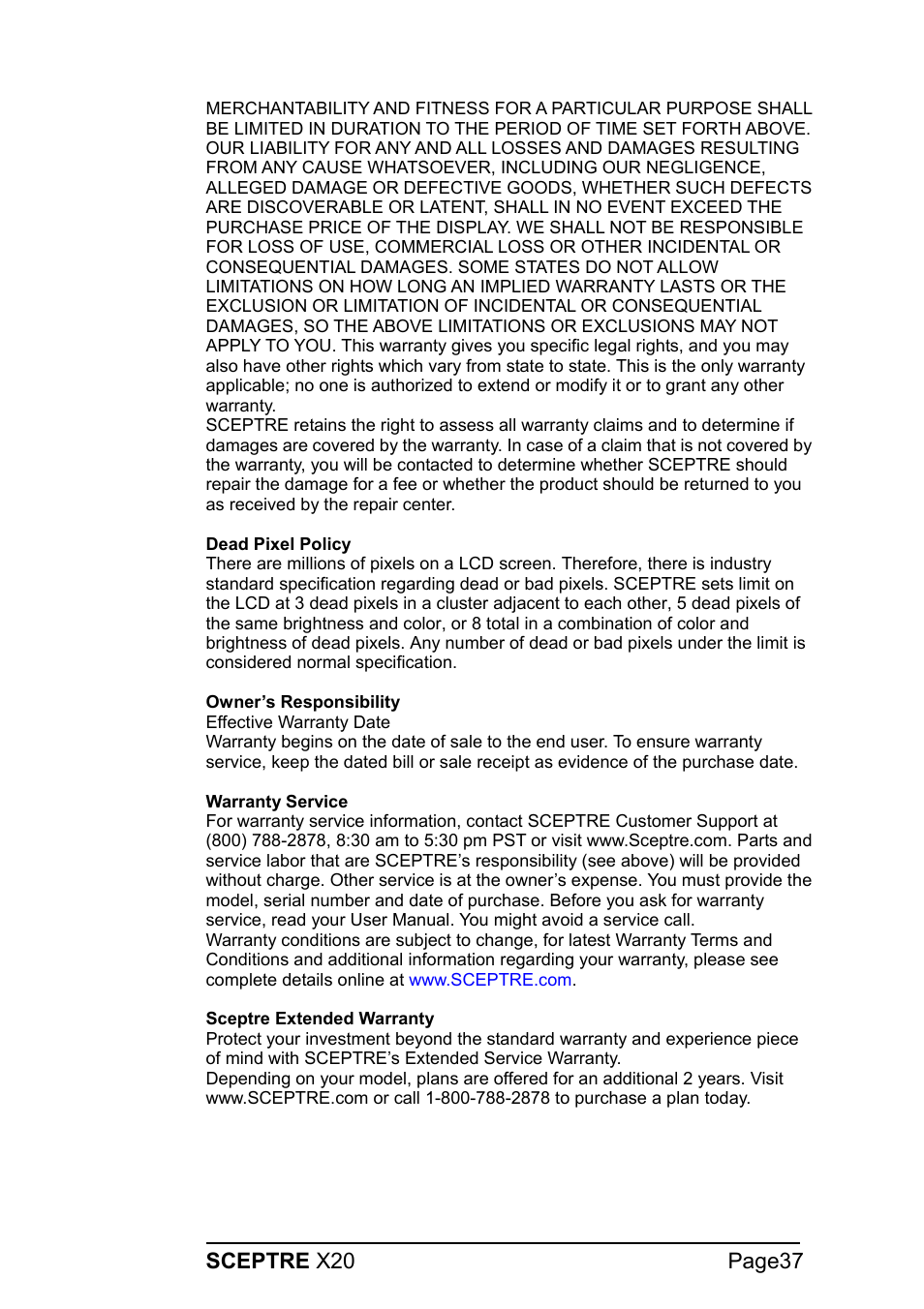 Sceptre X20WG-1080P User Manual | Page 37 / 38