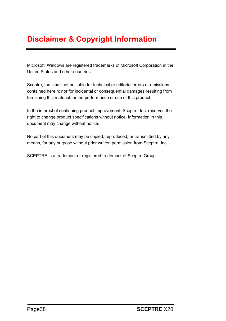 Disclaimer & copyright information | Sceptre X20WG-1080P User Manual | Page 38 / 38