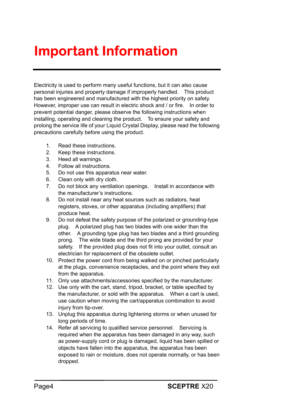 Important information | Sceptre X20WG-1080P User Manual | Page 4 / 38