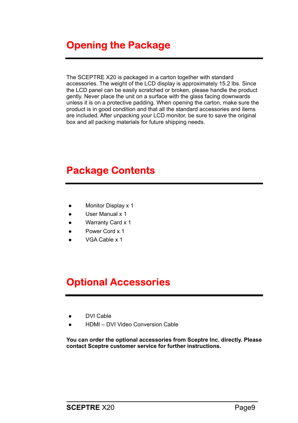 Opening the package, Package contents, Optional accessories | Sceptre X20WG-1080P User Manual | Page 9 / 38