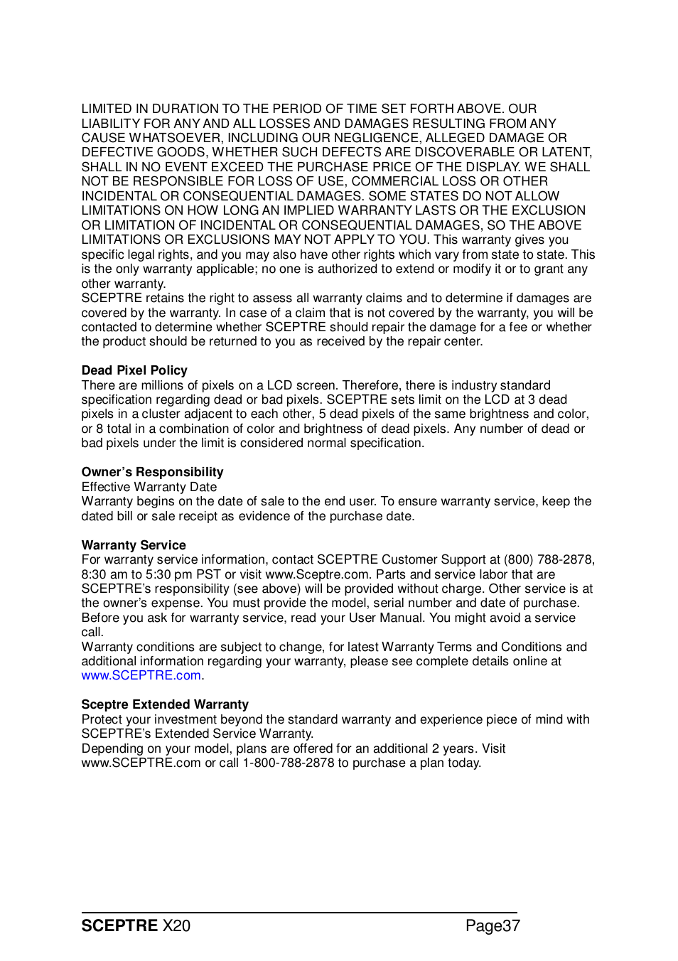 Sceptre x20 page37 | Sceptre X20WG-NAGA2 User Manual | Page 37 / 38