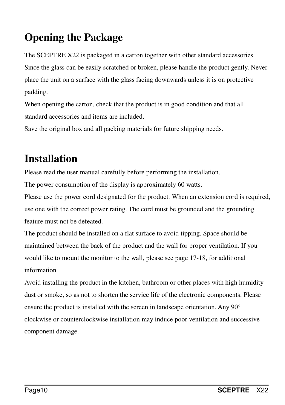 Opening the package, Installation | Sceptre X22WG-GAMER User Manual | Page 10 / 42