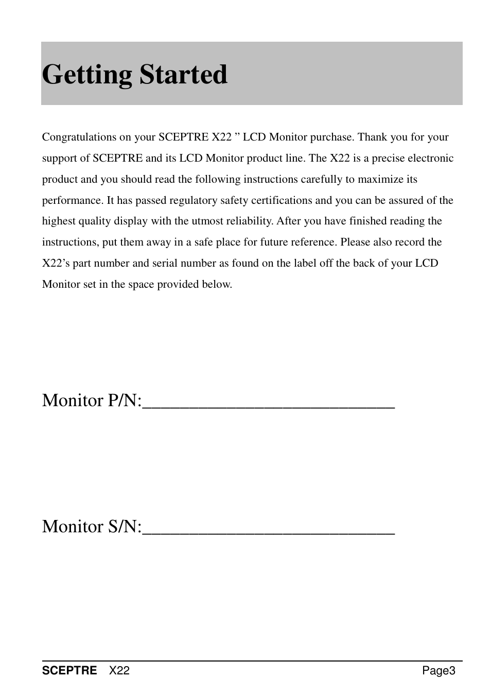 Getting started | Sceptre X22WG-GAMER User Manual | Page 3 / 42