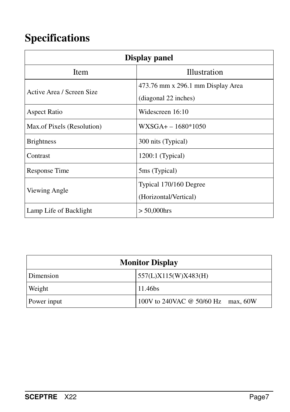 Specifications | Sceptre X22WG-GAMER User Manual | Page 7 / 42