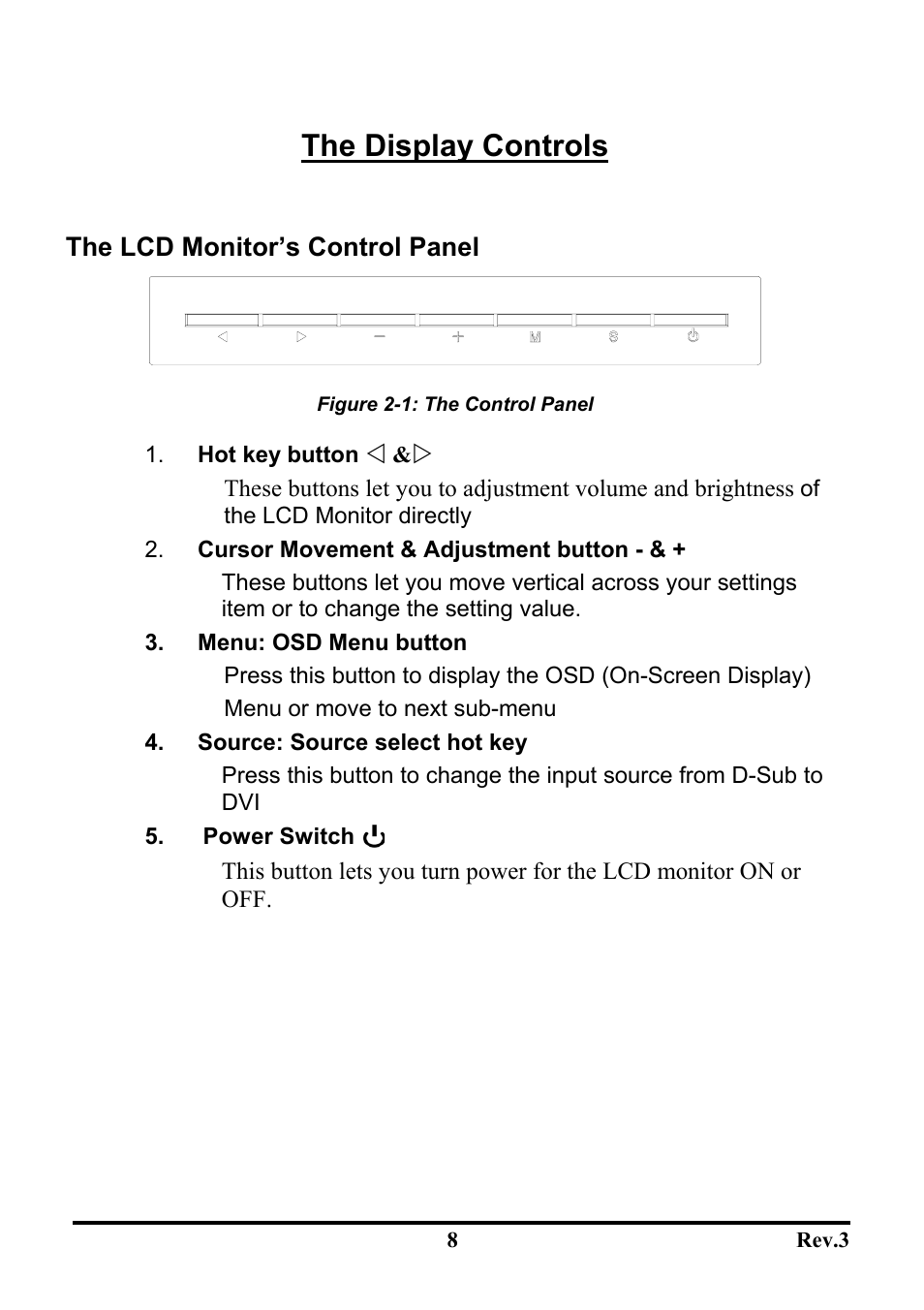 The display controls, The lcd monitor’s control panel | Sceptre X20WG-Naga User Manual | Page 12 / 24