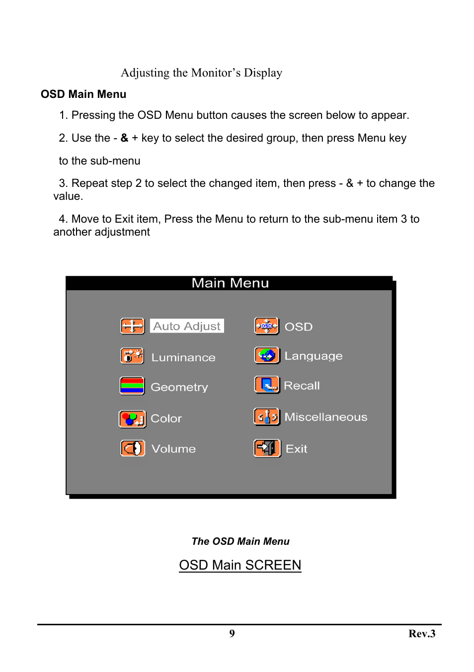 Osd main screen | Sceptre X20WG-Naga User Manual | Page 13 / 24