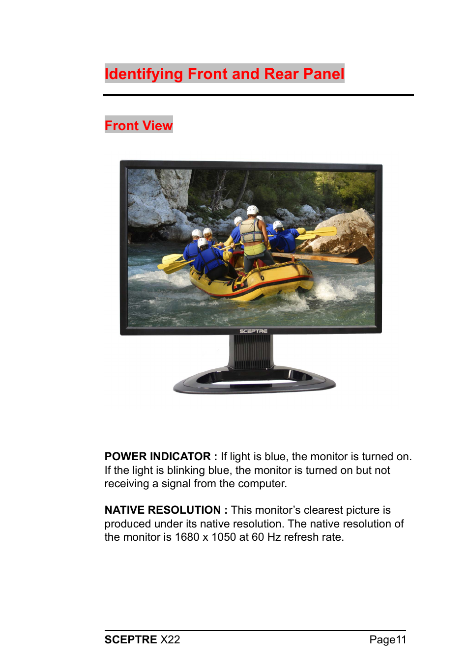 Identifying front and rear panel, Front view | Sceptre X22WG-1080P User Manual | Page 11 / 44