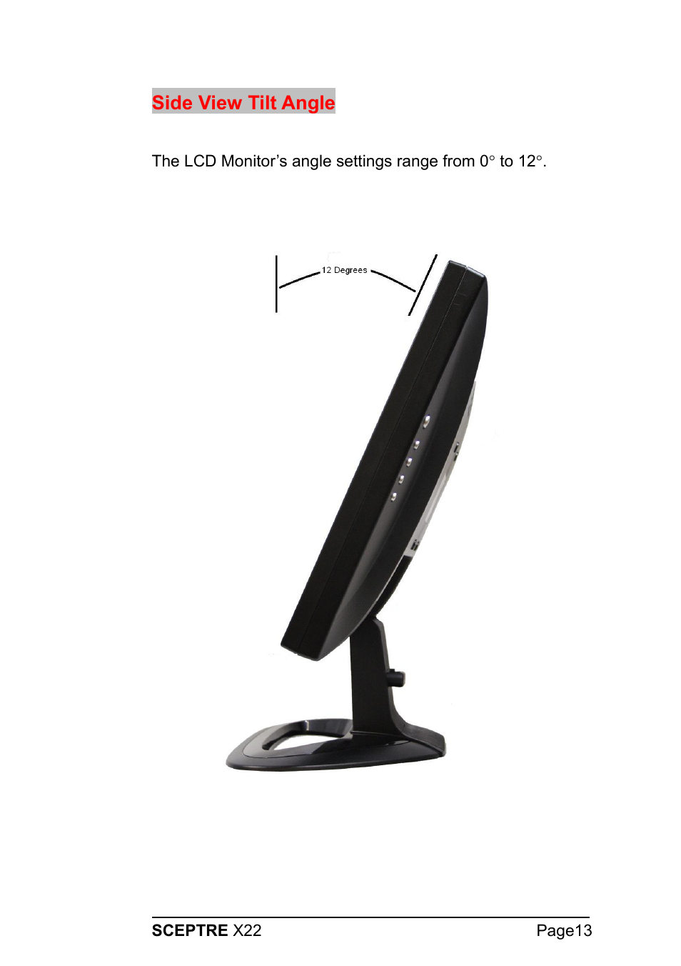 Side view tilt angle | Sceptre X22WG-1080P User Manual | Page 13 / 44