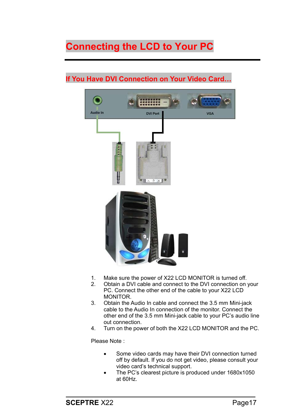 Connecting the lcd to your pc | Sceptre X22WG-1080P User Manual | Page 17 / 44