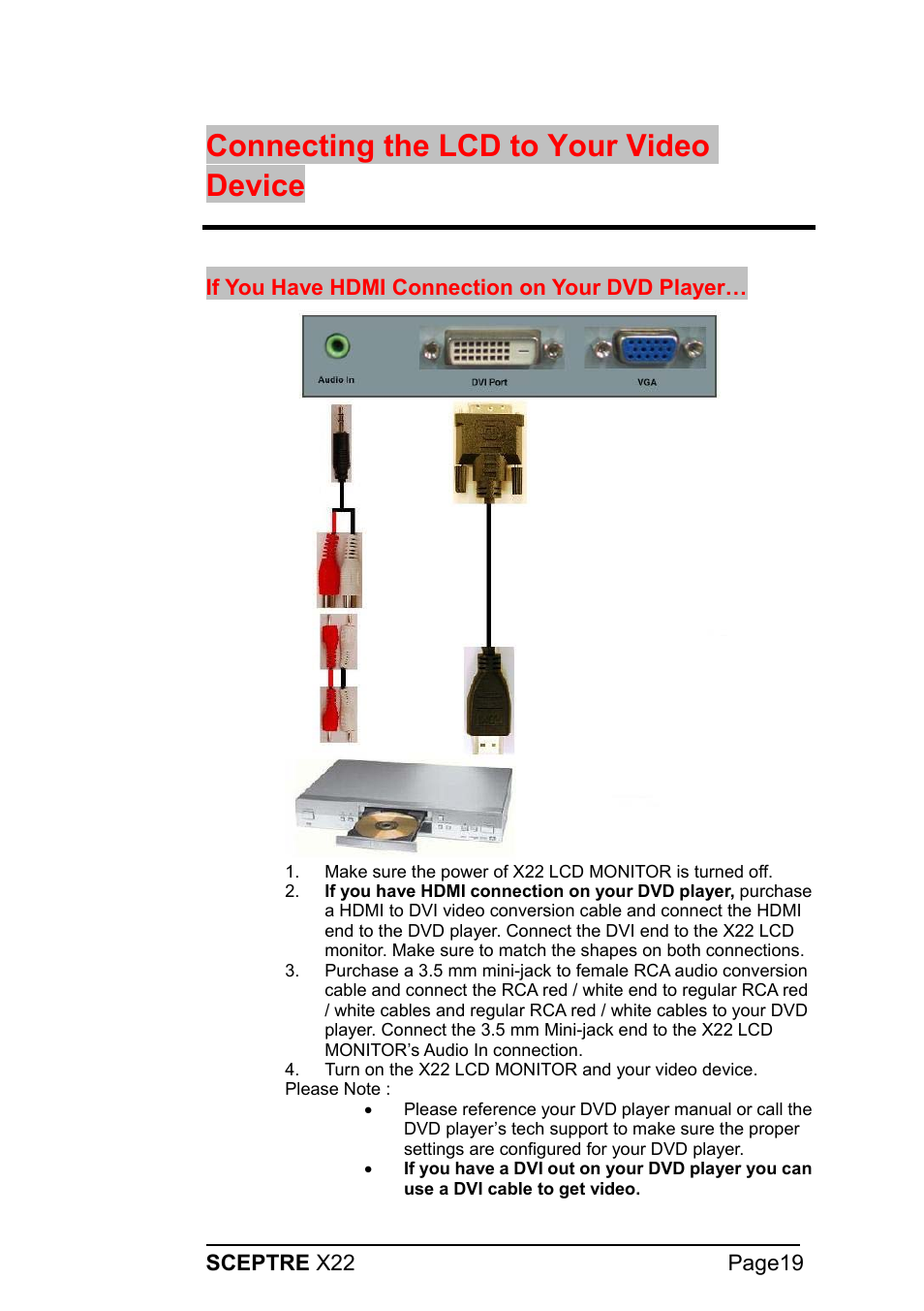 Connecting the lcd to your video device | Sceptre X22WG-1080P User Manual | Page 19 / 44