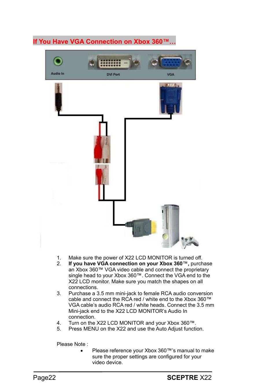 Page22 sceptre x22, If you have vga connection on xbox 360 | Sceptre X22WG-1080P User Manual | Page 22 / 44