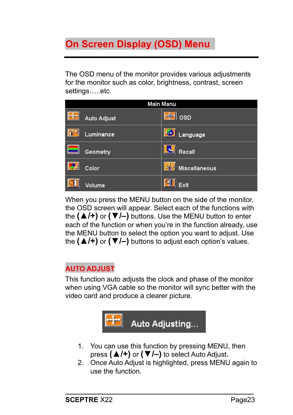 On screen display (osd) menu | Sceptre X22WG-1080P User Manual | Page 23 / 44