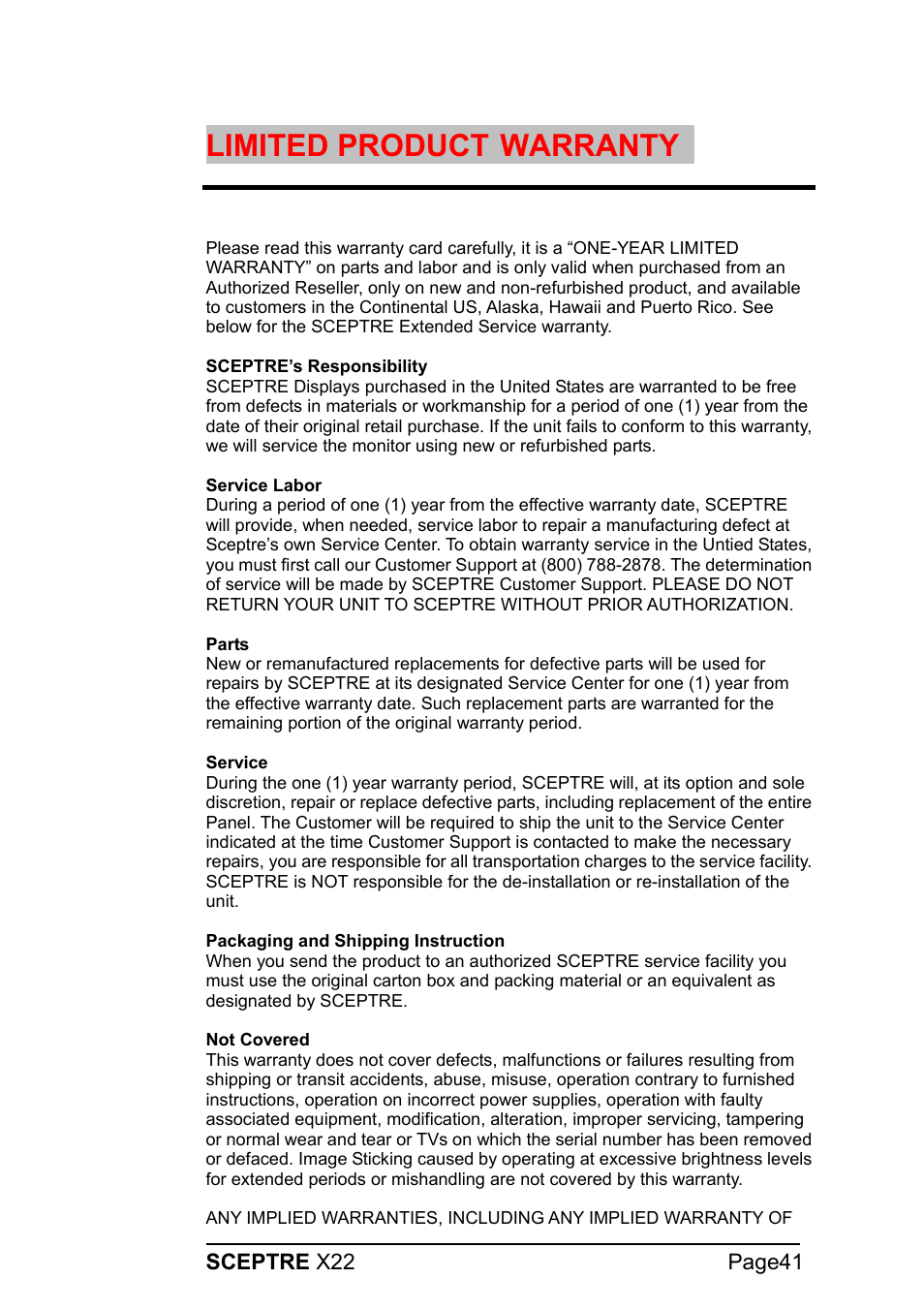 Limited product, Warranty | Sceptre X22WG-1080P User Manual | Page 41 / 44