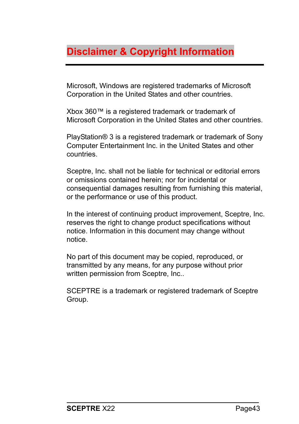Disclaimer & copyright information | Sceptre X22WG-1080P User Manual | Page 43 / 44