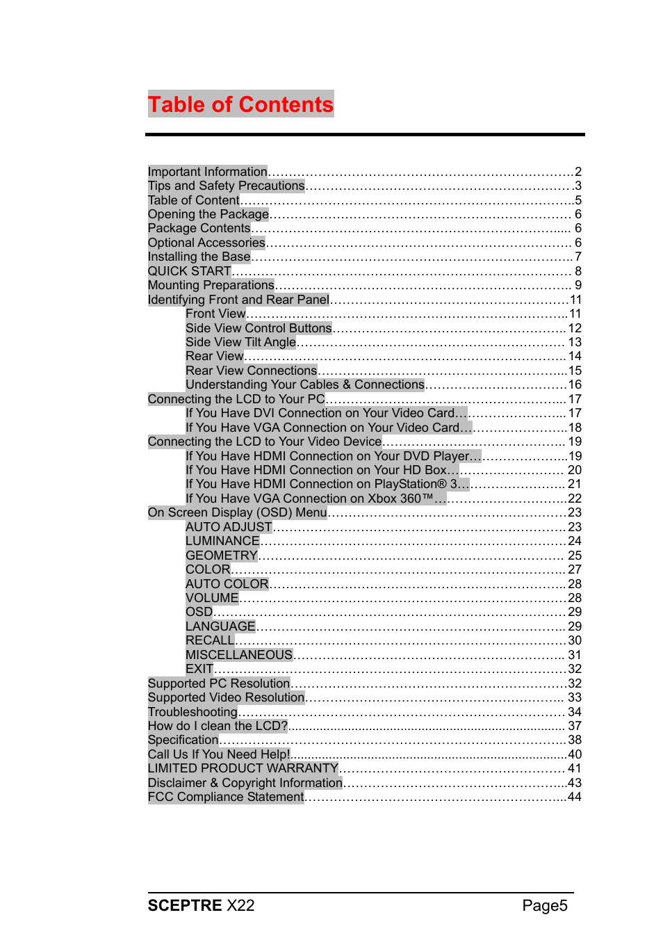 Sceptre X22WG-1080P User Manual | Page 5 / 44