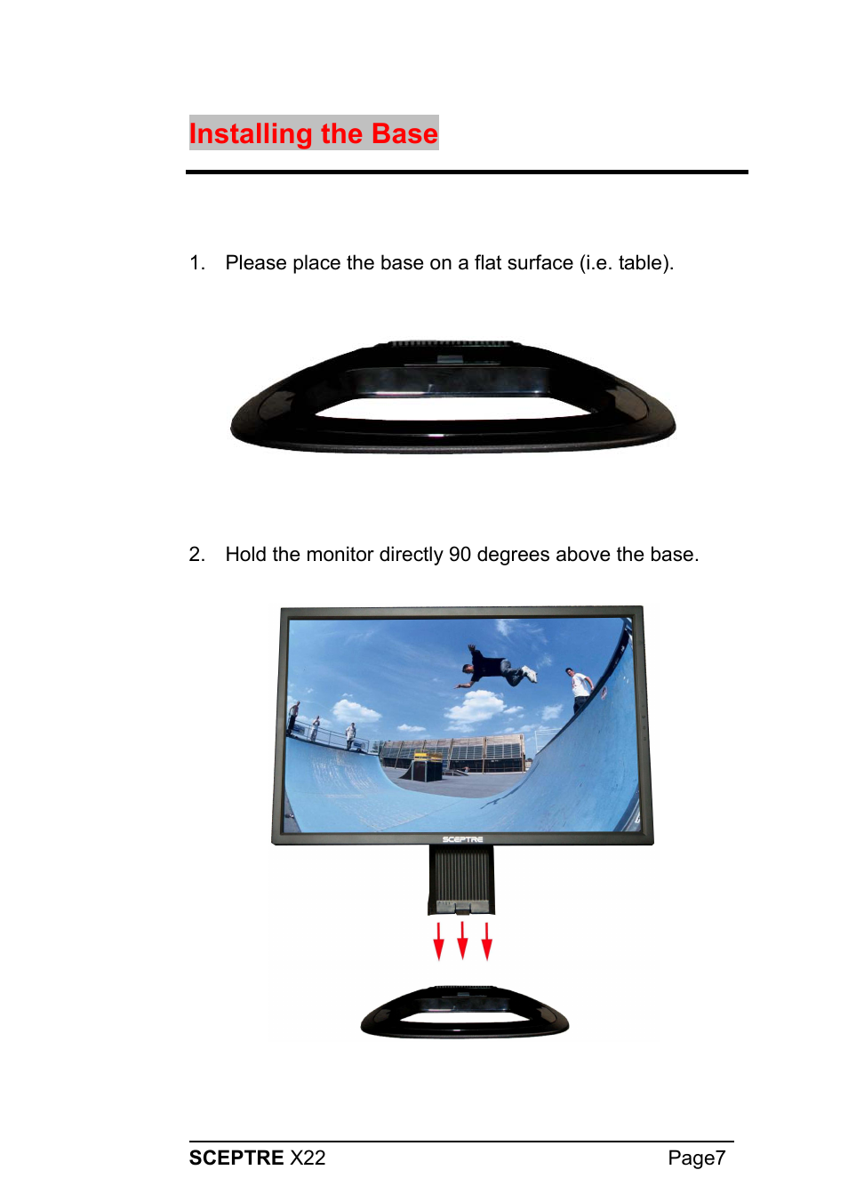 Installing the base | Sceptre X22WG-1080P User Manual | Page 7 / 44