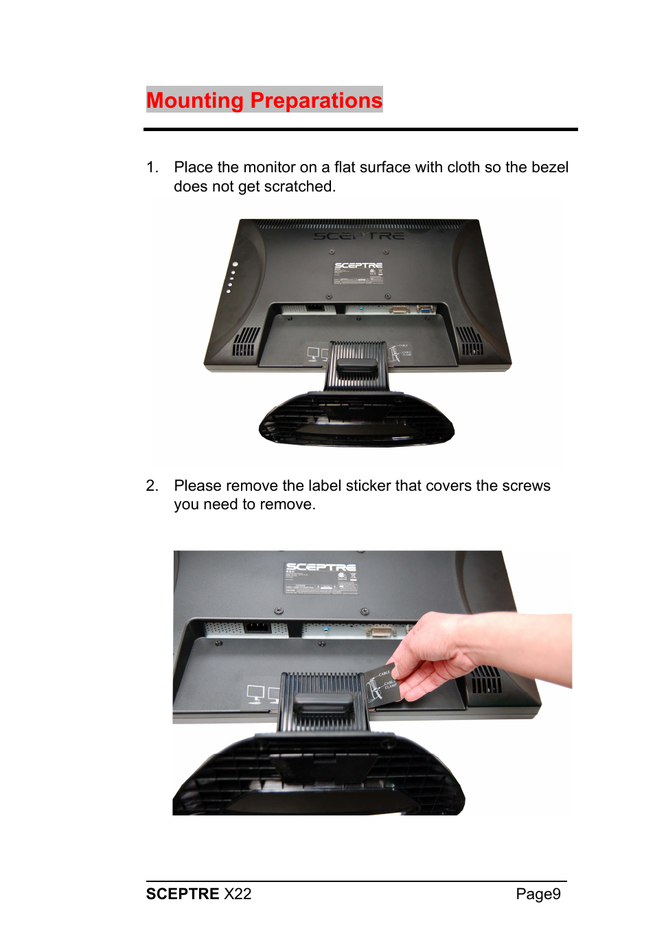 Mounting preparations | Sceptre X22WG-1080P User Manual | Page 9 / 44