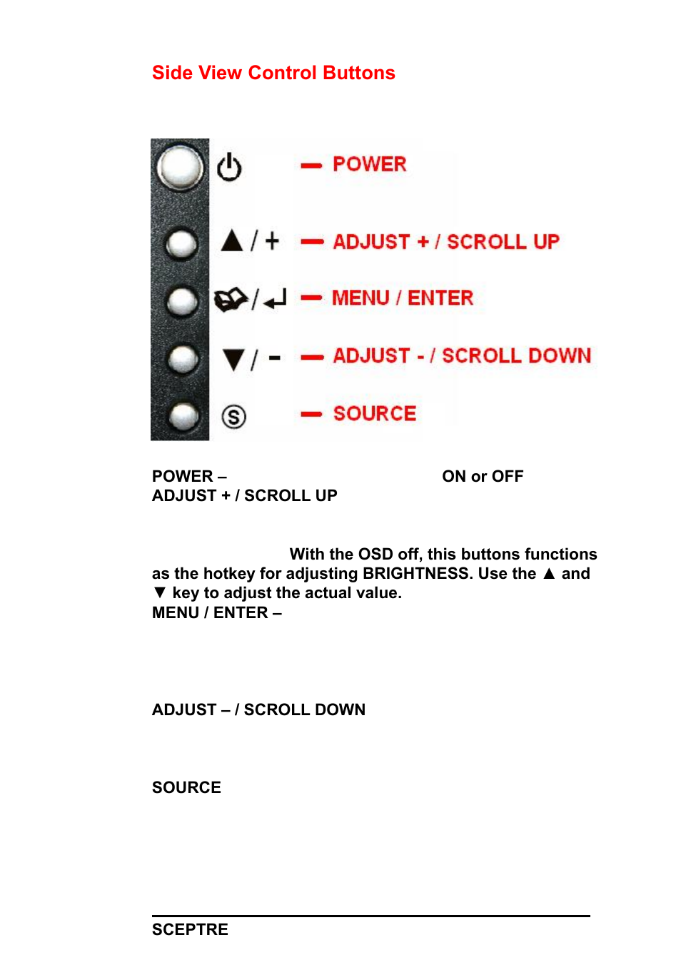 Side view control buttons | Sceptre X22HG-Naga User Manual | Page 15 / 44