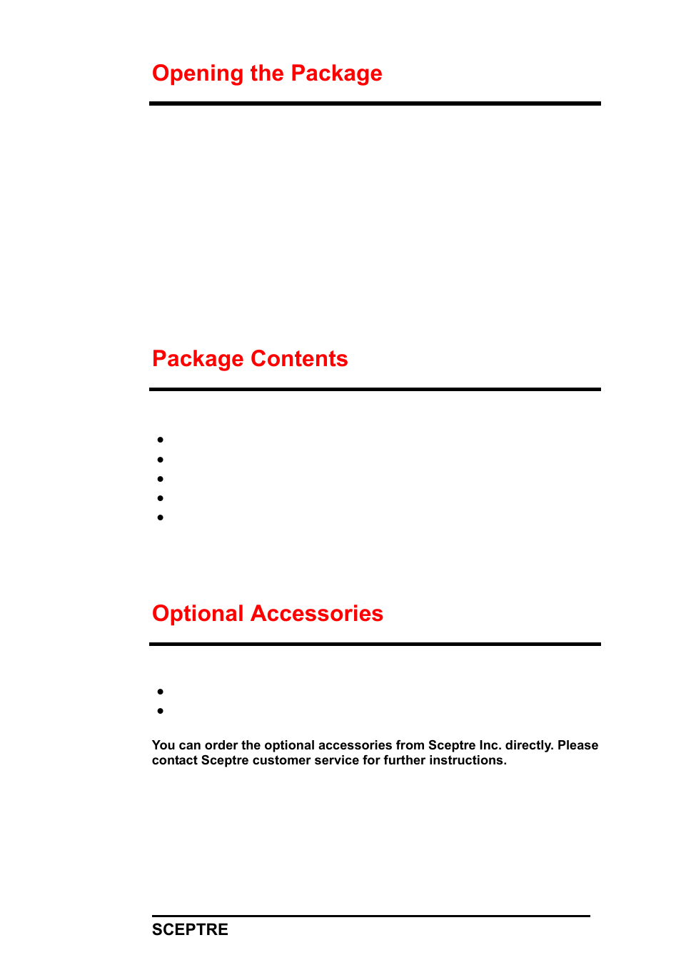 Opening the package, Package contents, Optional accessories | Sceptre X22HG-Naga User Manual | Page 9 / 44