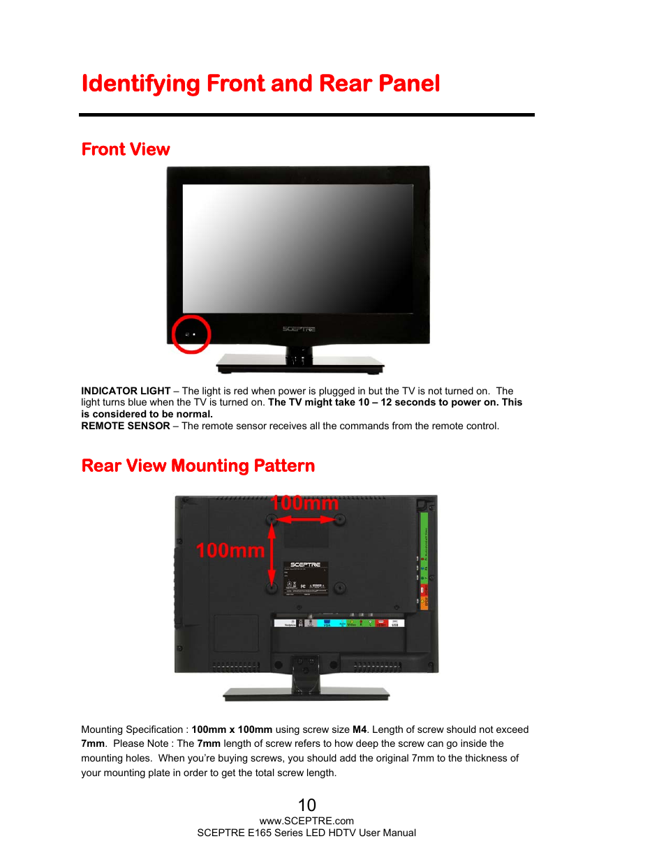 Identifying front and rear panel, Front view, Rear view mounting pattern | Sceptre E165BV-HD User Manual | Page 10 / 58